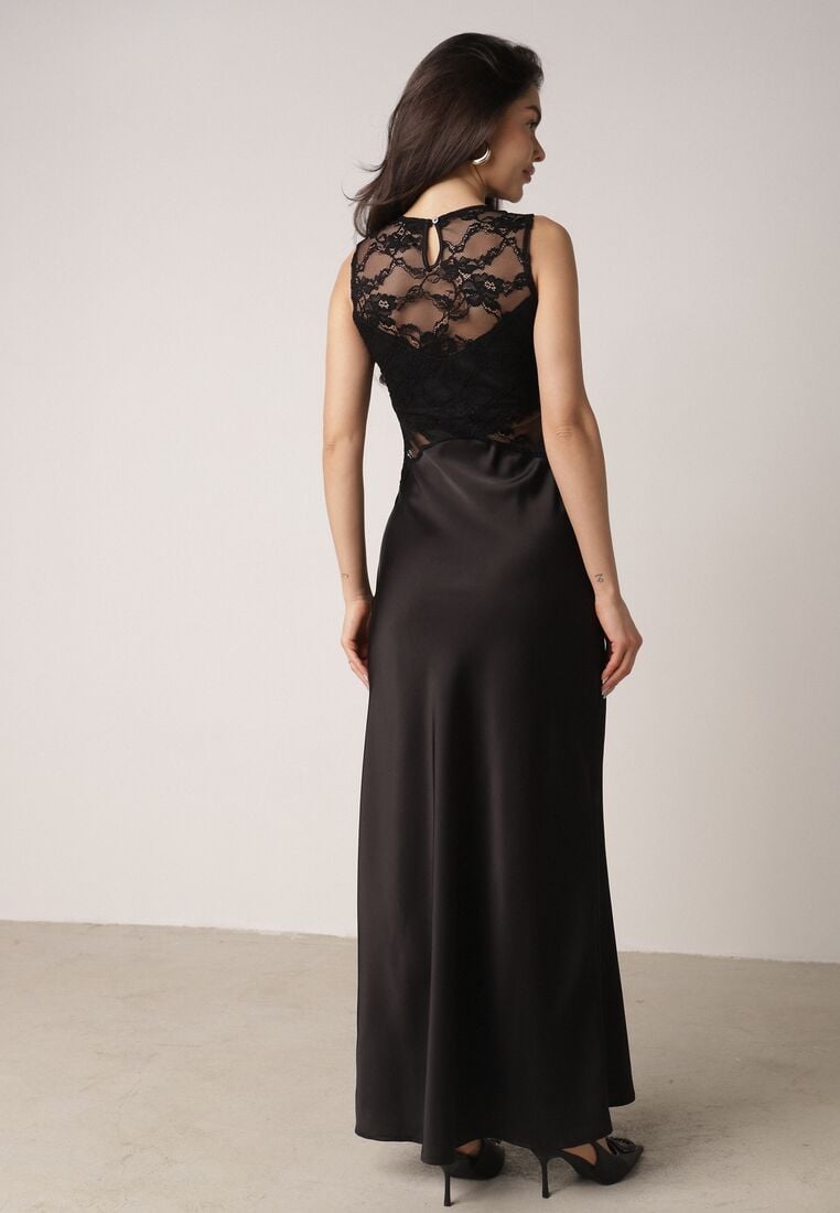 Czarna Koktajlowa Sukienka o Dopasowanym Kroju z Koronką Bermine 3