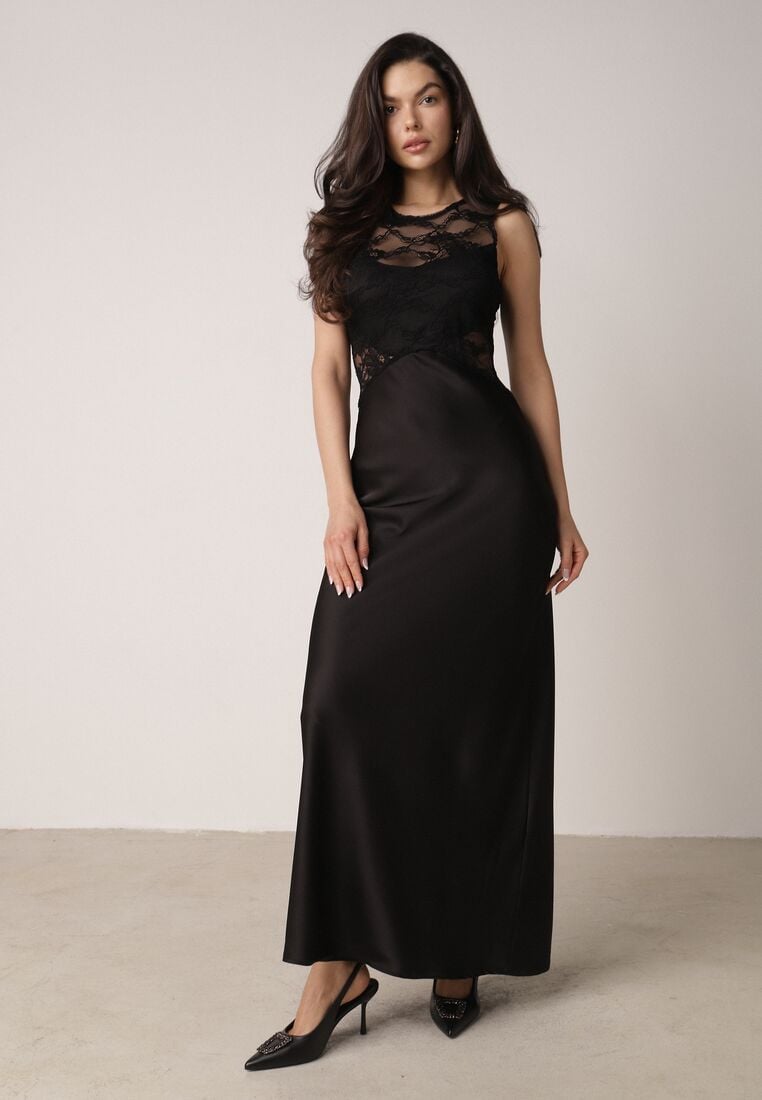 Czarna Koktajlowa Sukienka o Dopasowanym Kroju z Koronką Bermine 4