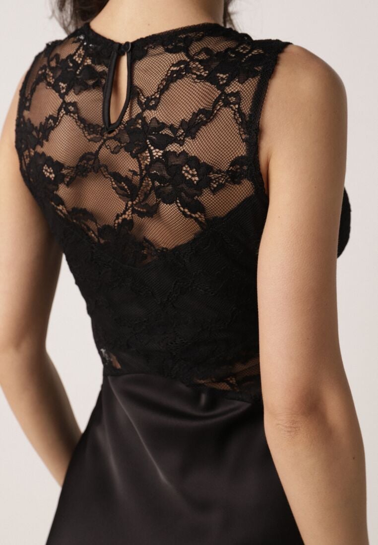 Czarna Koktajlowa Sukienka o Dopasowanym Kroju z Koronką Bermine 5