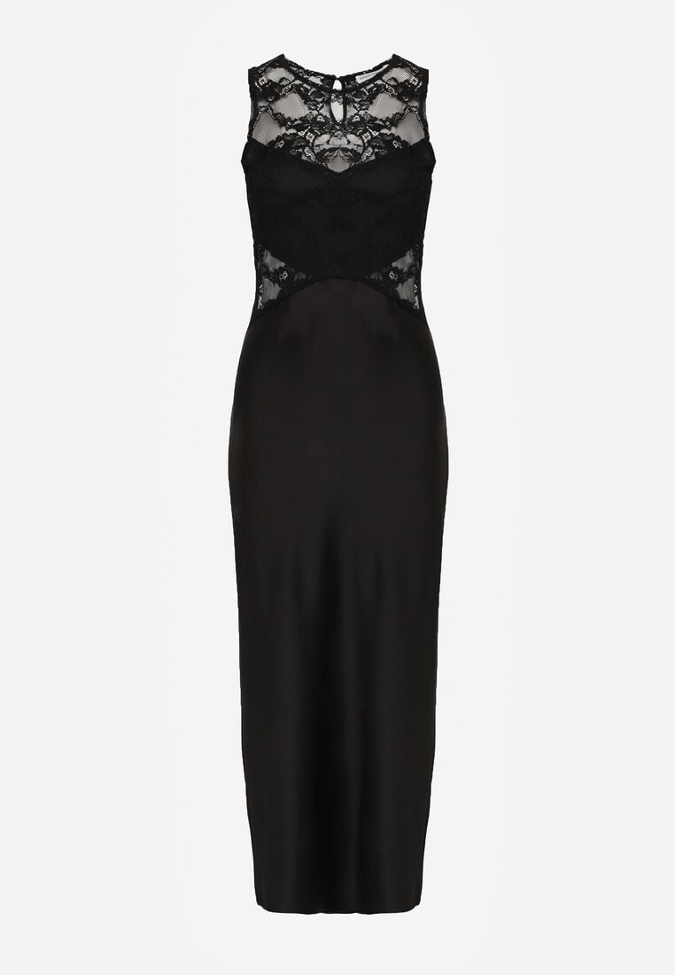 Czarna Koktajlowa Sukienka o Dopasowanym Kroju z Koronką Bermine 6