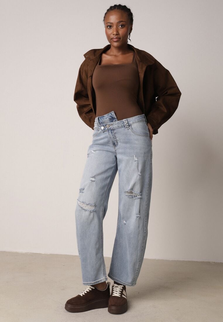 Niebieskie Bawełniane Jeansy o Asymetrycznym Kroju Typu Balloon z Dziurami Nediara 1