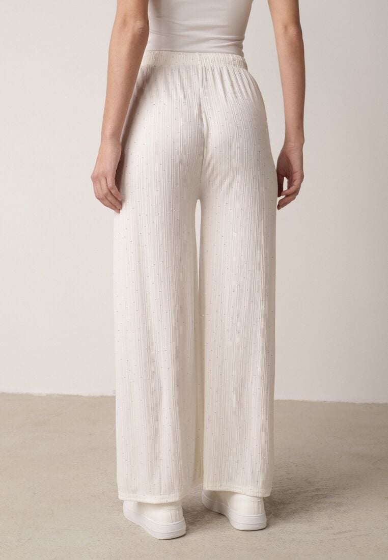 Białe Szerokie Spodnie z Bawełną Zdobione Cyrkoniami Azilene 3