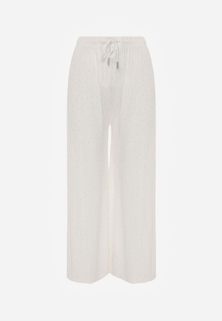 Białe Szerokie Spodnie z Bawełną Zdobione Cyrkoniami Azilene 6