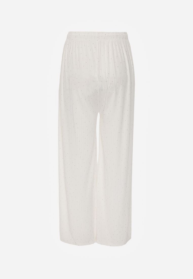 Białe Szerokie Spodnie z Bawełną Zdobione Cyrkoniami Azilene 7