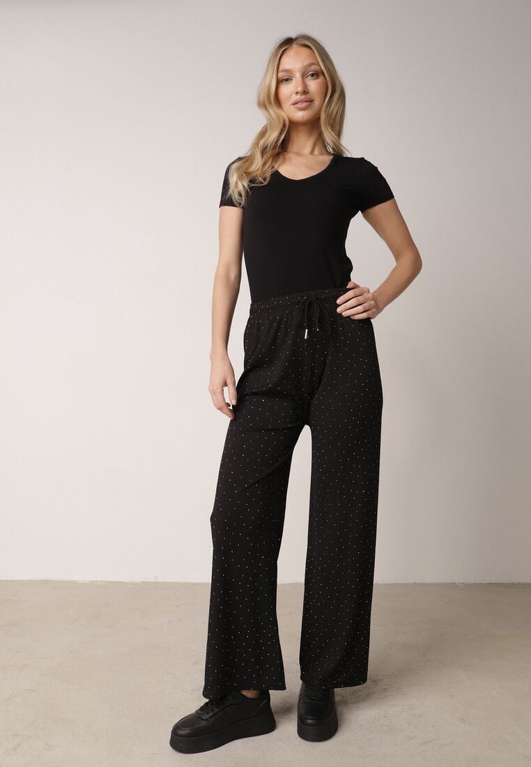 Czarne Szerokie Spodnie z Bawełną Zdobione Cyrkoniami Azilene 1