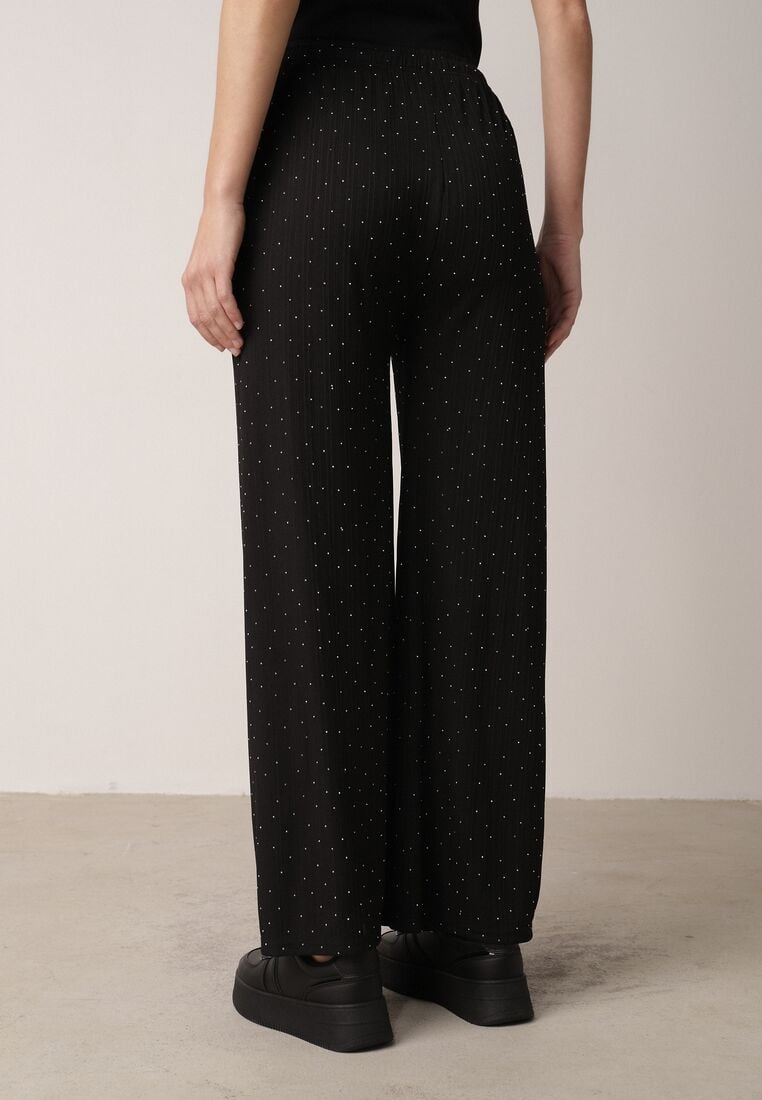 Czarne Szerokie Spodnie z Bawełną Zdobione Cyrkoniami Azilene 3