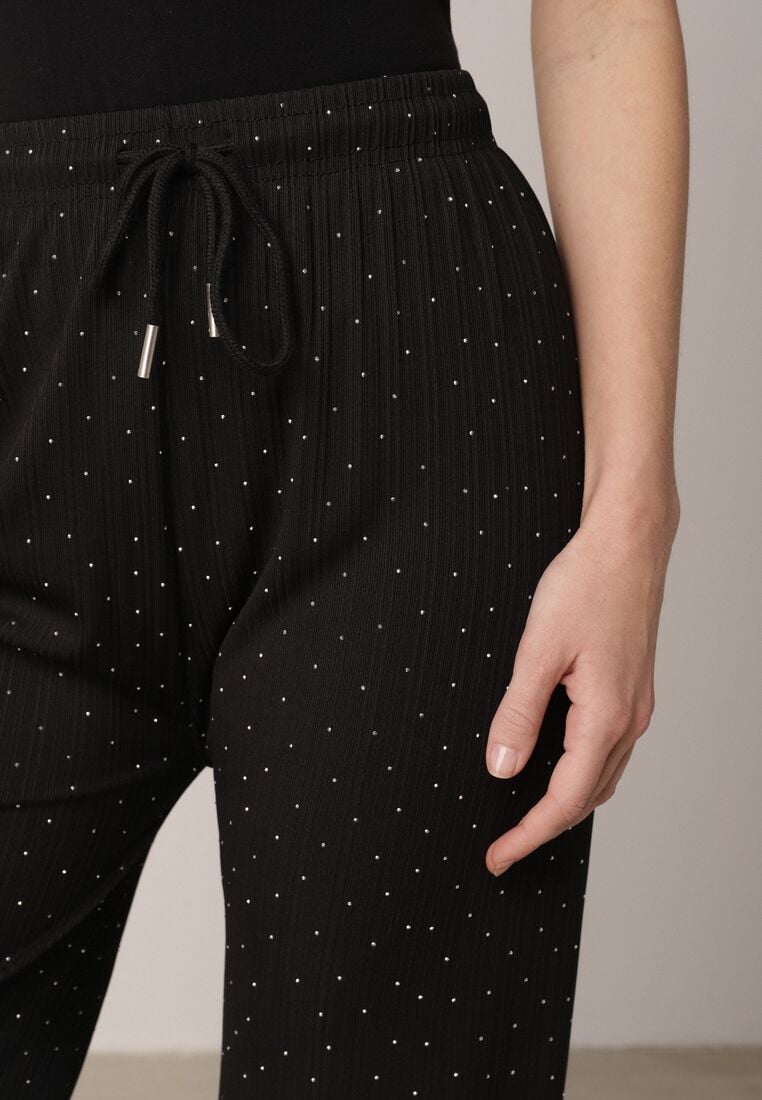 Czarne Szerokie Spodnie z Bawełną Zdobione Cyrkoniami Azilene 5