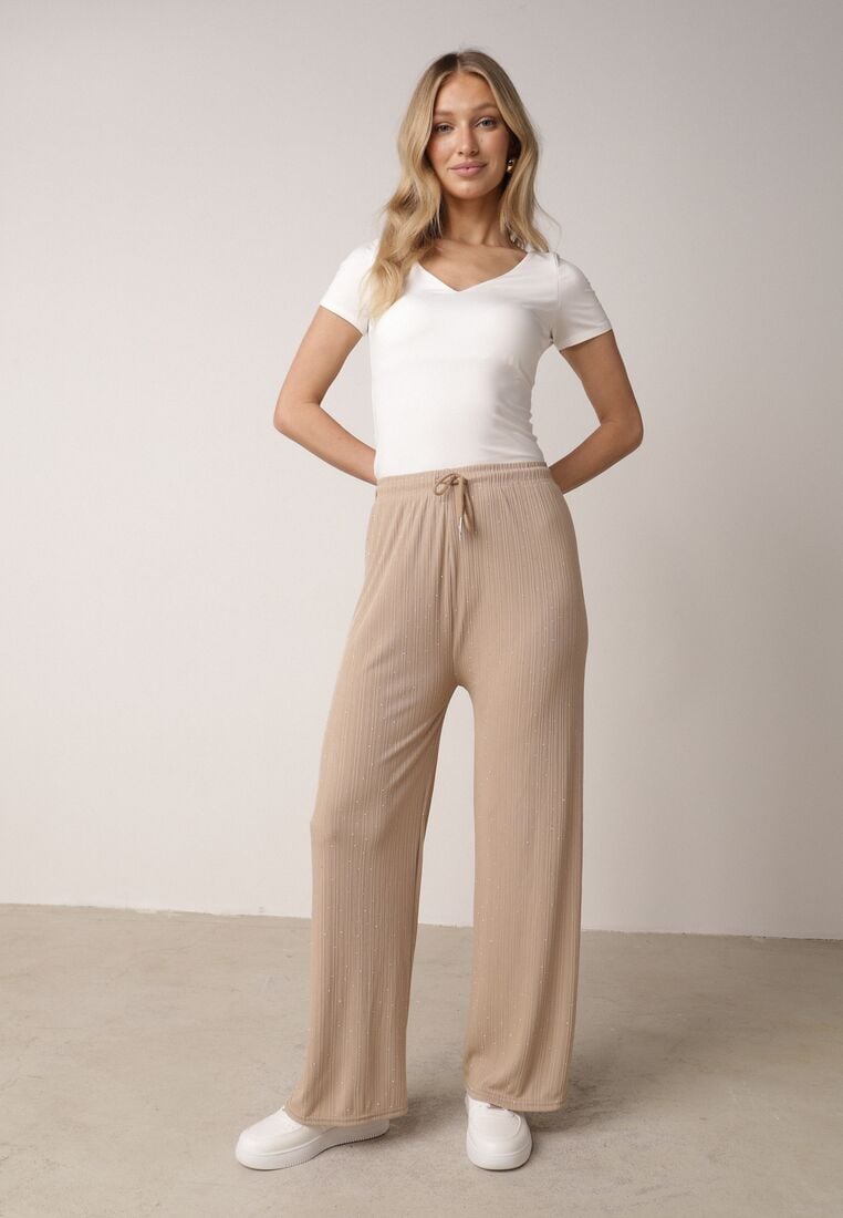 Beżowe Szerokie Spodnie z Bawełną Zdobione Cyrkoniami Azilene 1