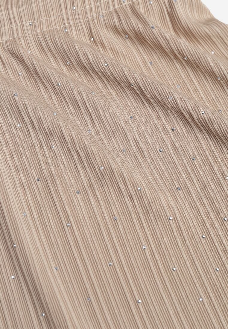 Beżowe Szerokie Spodnie z Bawełną Zdobione Cyrkoniami Azilene 8