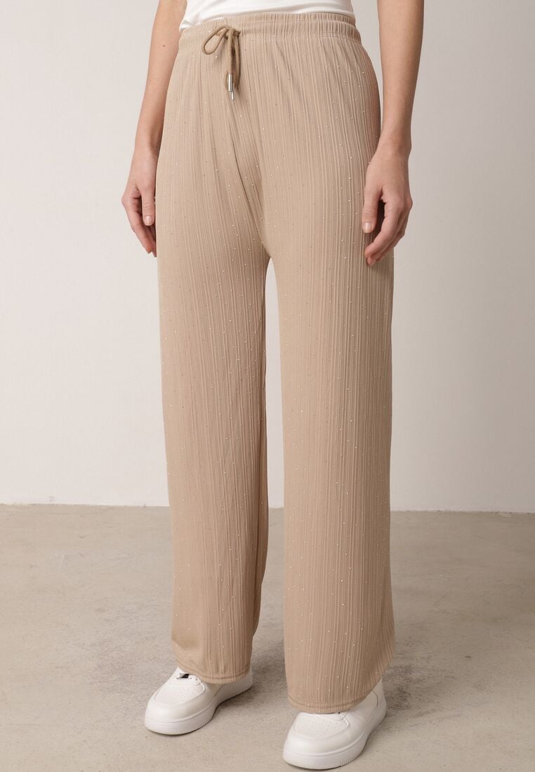 Beżowe Szerokie Spodnie z Bawełną Zdobione Cyrkoniami Azilene 2