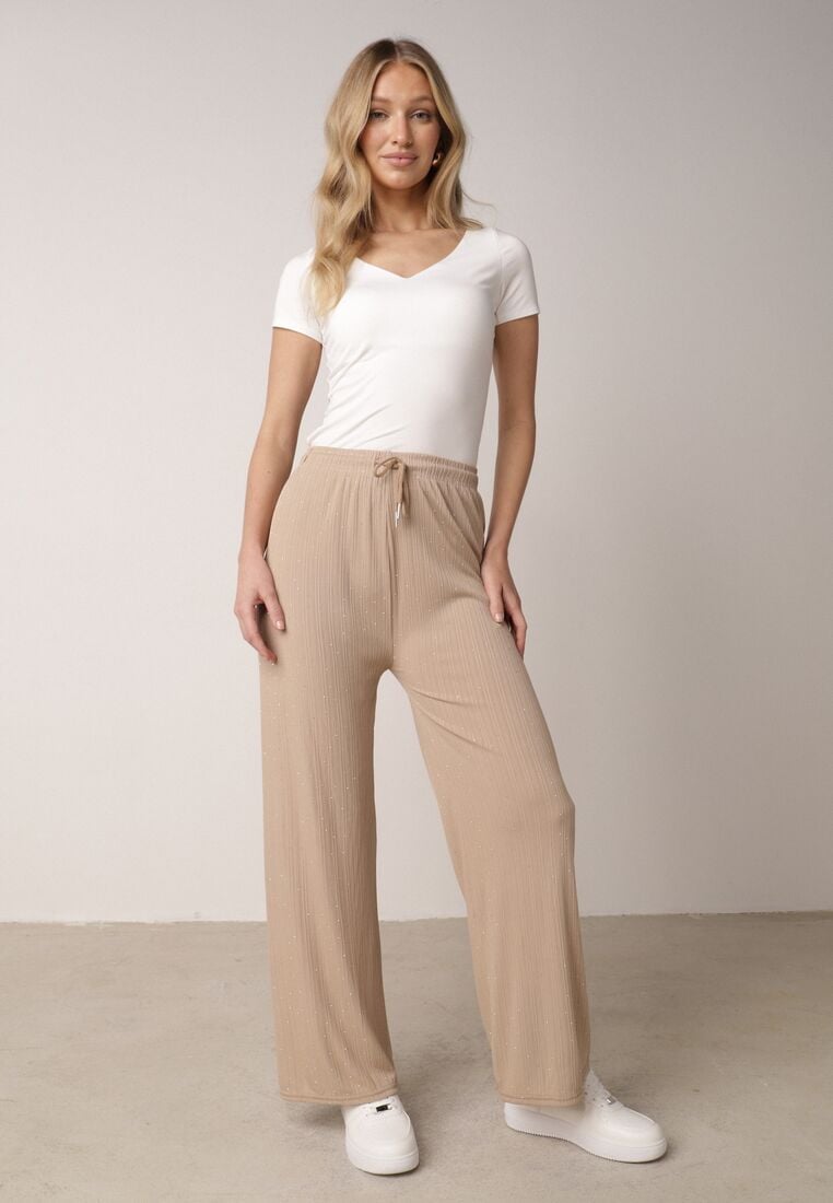 Beżowe Szerokie Spodnie z Bawełną Zdobione Cyrkoniami Azilene 4
