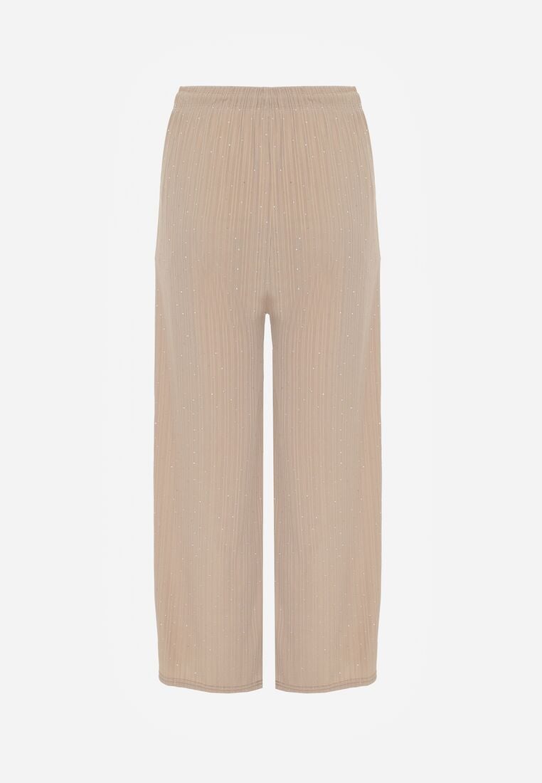 Beżowe Szerokie Spodnie z Bawełną Zdobione Cyrkoniami Azilene 7