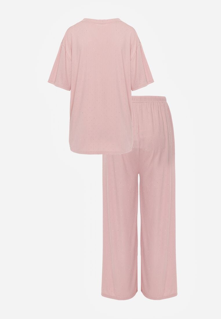 Różowy Komplet Oversize z Cyrkoniami T-shirt i Spodnie Arnatea 7