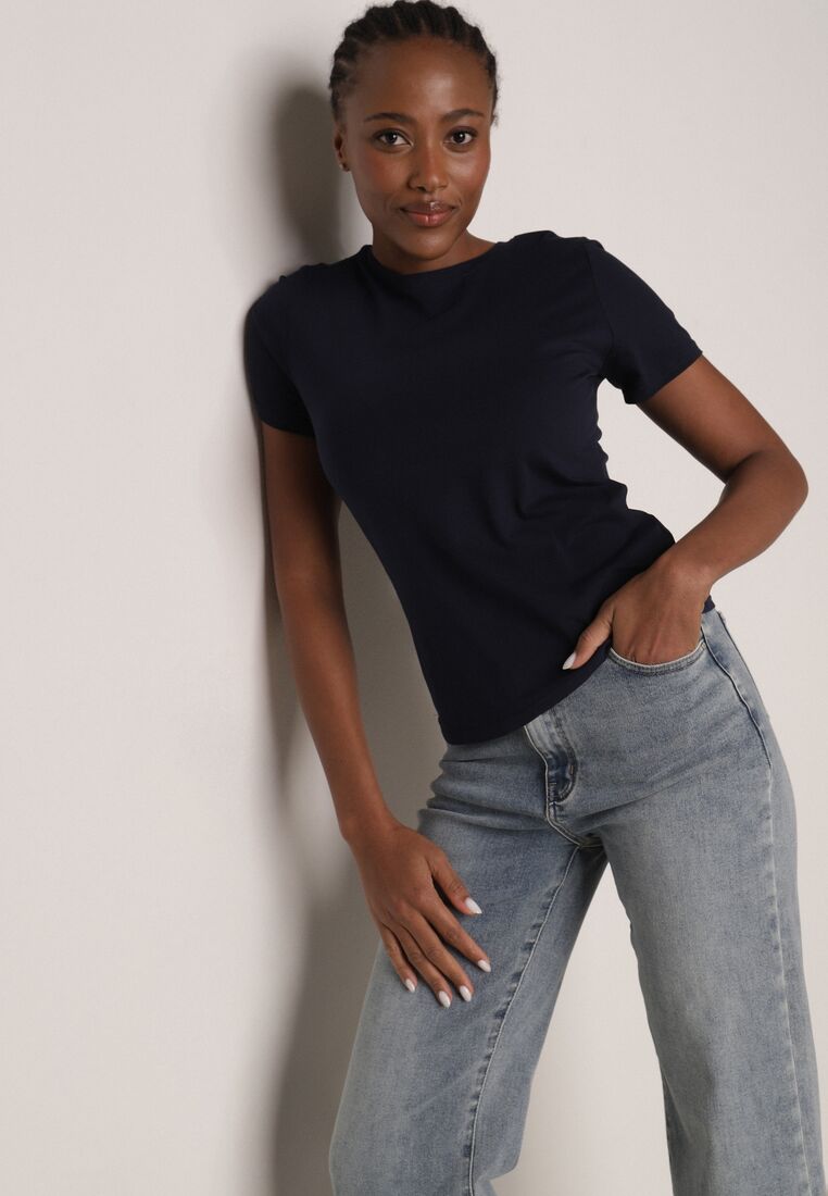 Granatowy Bawełniany T-shirt w Klasycznym Stylu Nedila 4