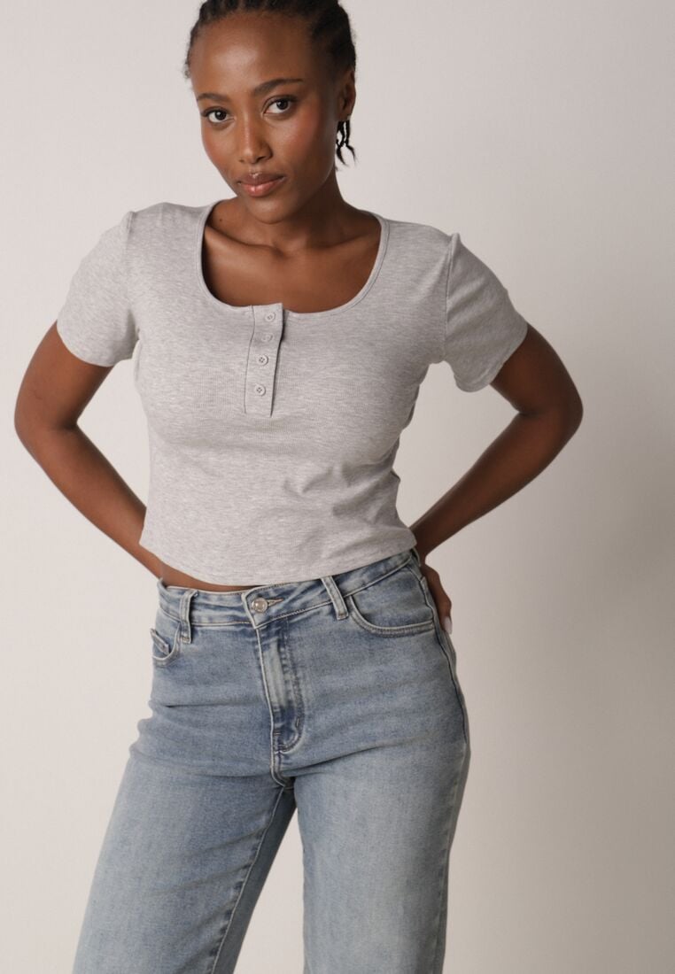Szary Prążkowany Top Bawełniany z Guzikami przy Dekolcie Nedera 1