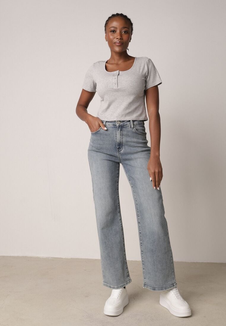 Szary Prążkowany Top Bawełniany z Guzikami przy Dekolcie Nedera 2