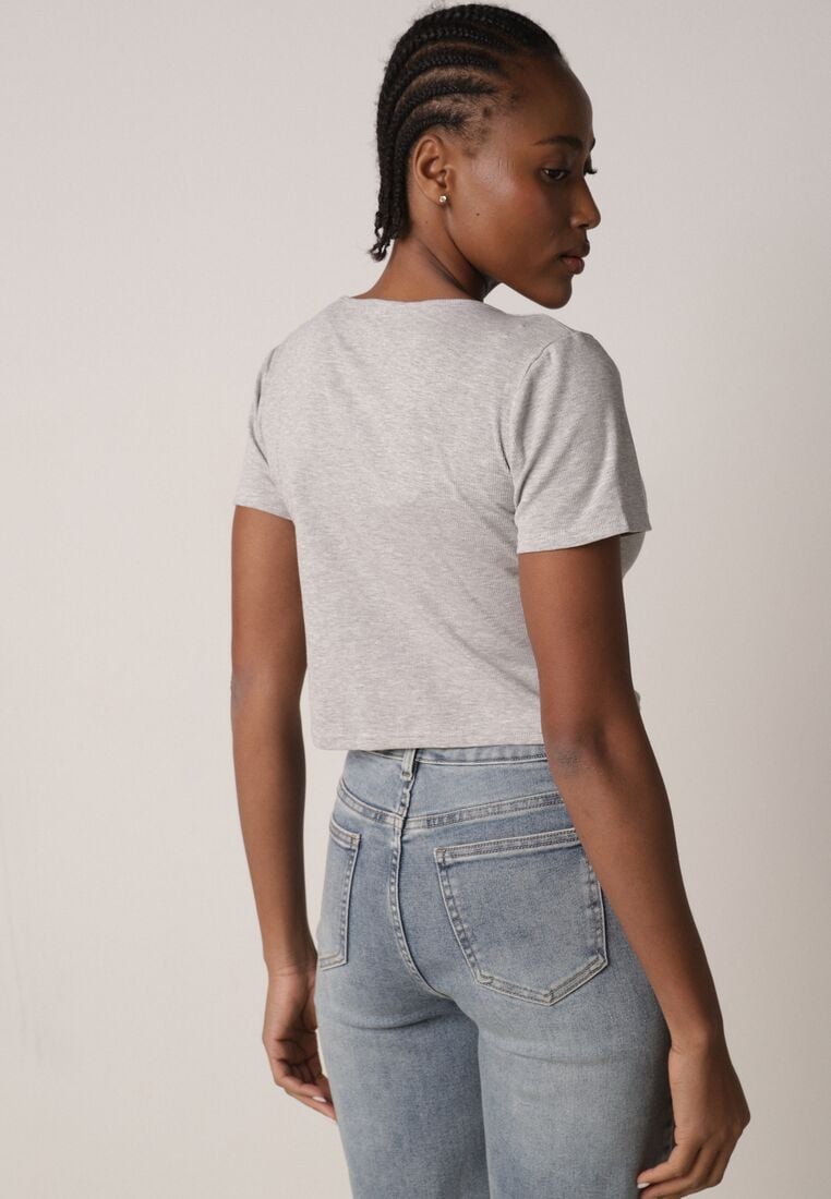 Szary Prążkowany Top Bawełniany z Guzikami przy Dekolcie Nedera 3