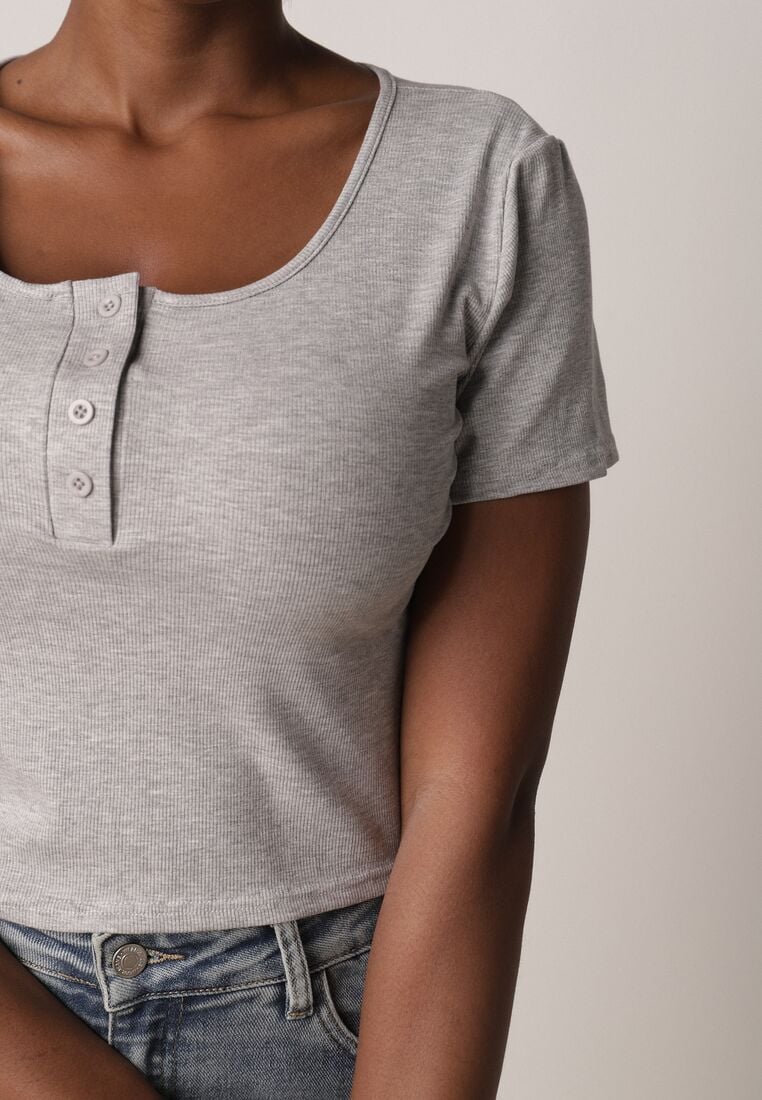 Szary Prążkowany Top Bawełniany z Guzikami przy Dekolcie Nedera 5