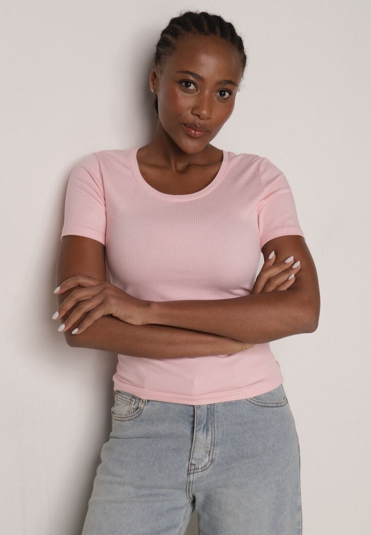 Różowy Prążkowany T-shirt Ozdobiony po Bokach Marszczeniem Nedisa 1