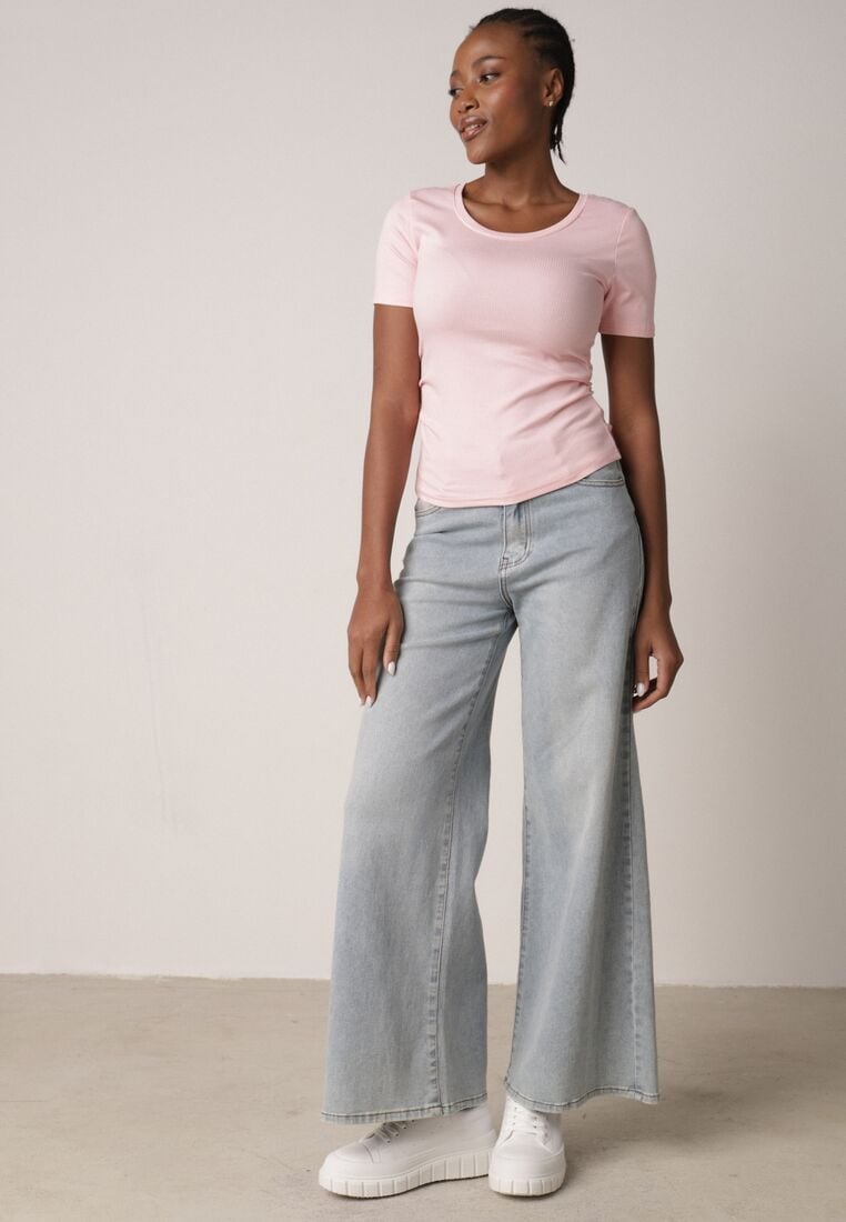 Różowy Prążkowany T-shirt Ozdobiony po Bokach Marszczeniem Nedisa 2