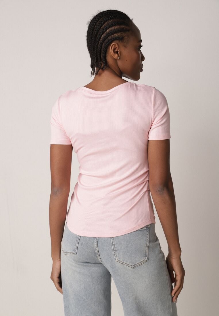 Różowy Prążkowany T-shirt Ozdobiony po Bokach Marszczeniem Nedisa 3