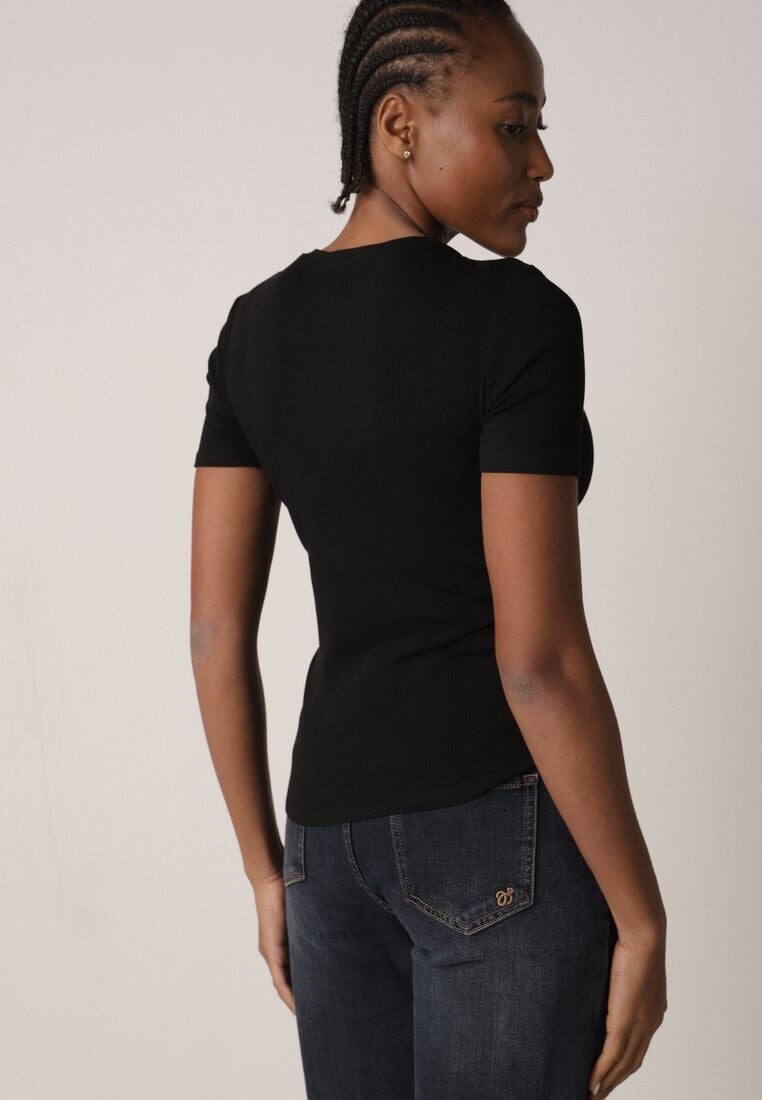 Czarny Prążkowany T-shirt Ozdobiony po Bokach Marszczeniem Nedisa 3