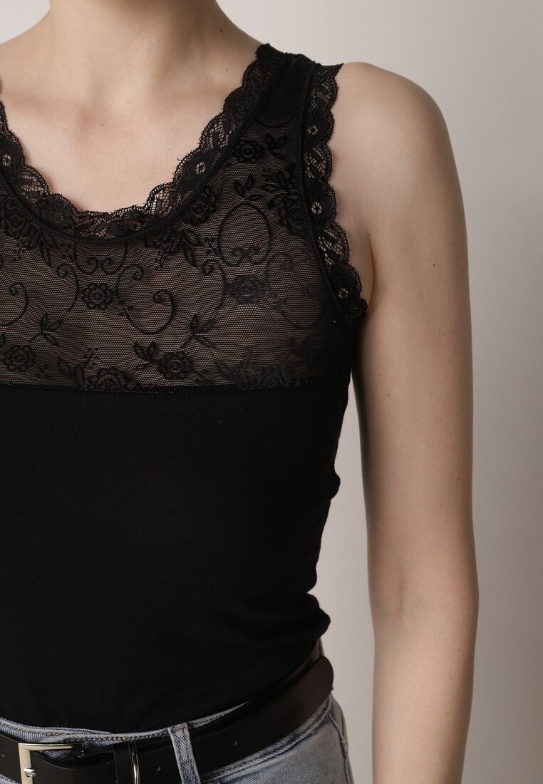 Czarny Bawełniany Top z Koronkową Górą Beralia 5