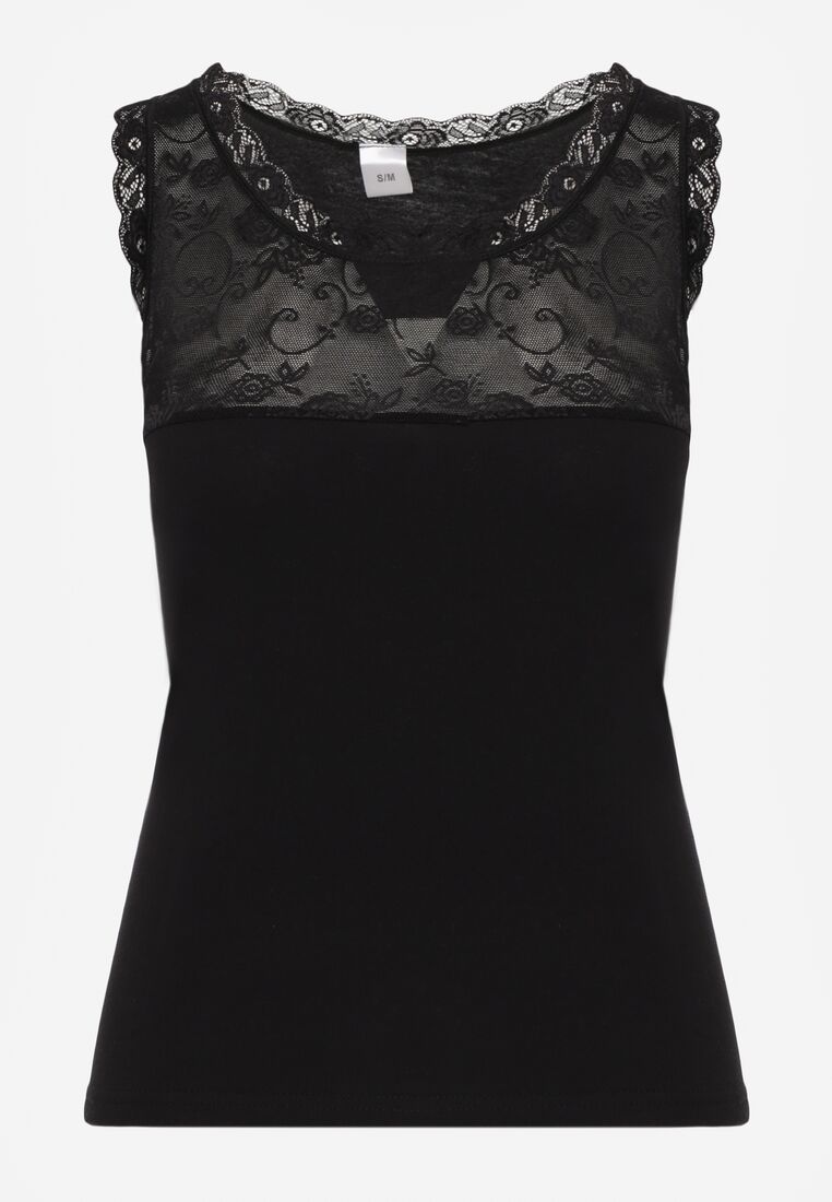Czarny Bawełniany Top z Koronkową Górą Beralia 6