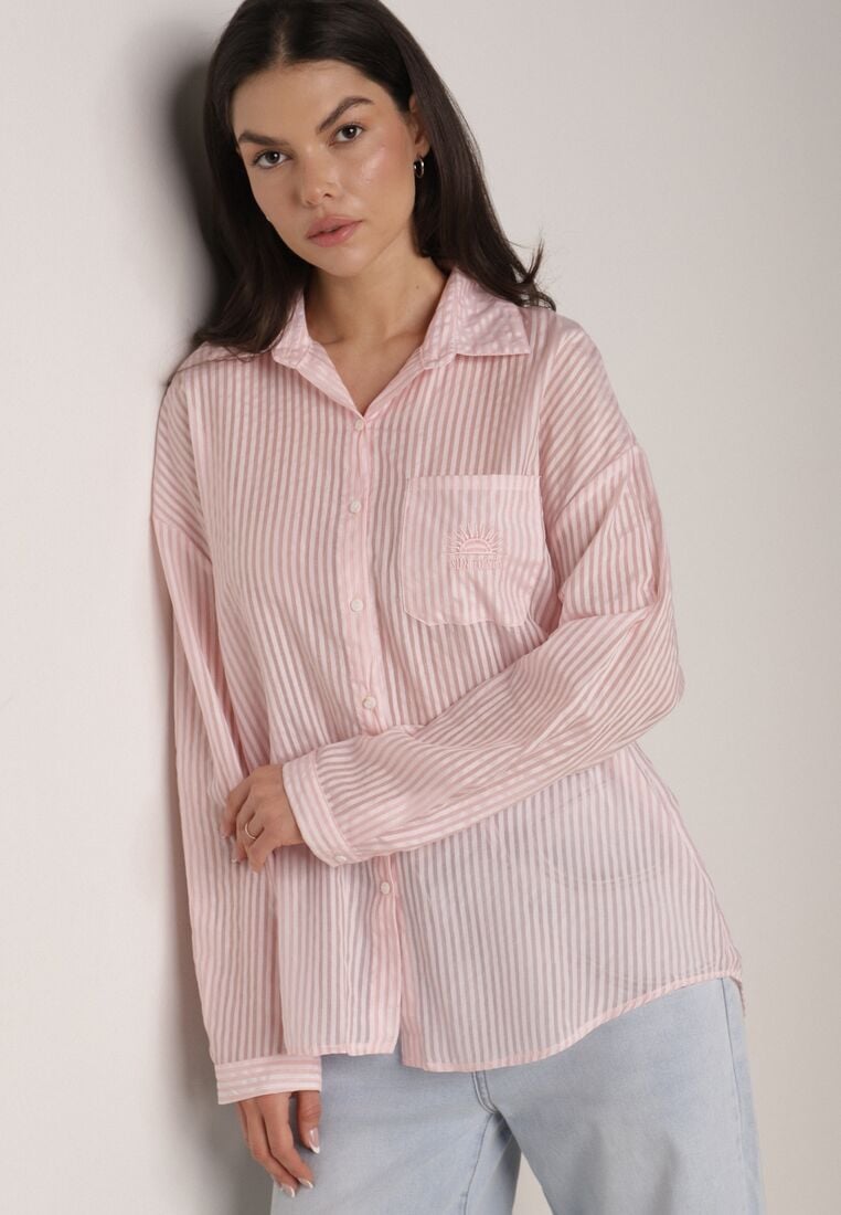 Różowa Koszula o Kroju Oversize z Tencelu w Paski Ozdobiona Haftem Tidine 4