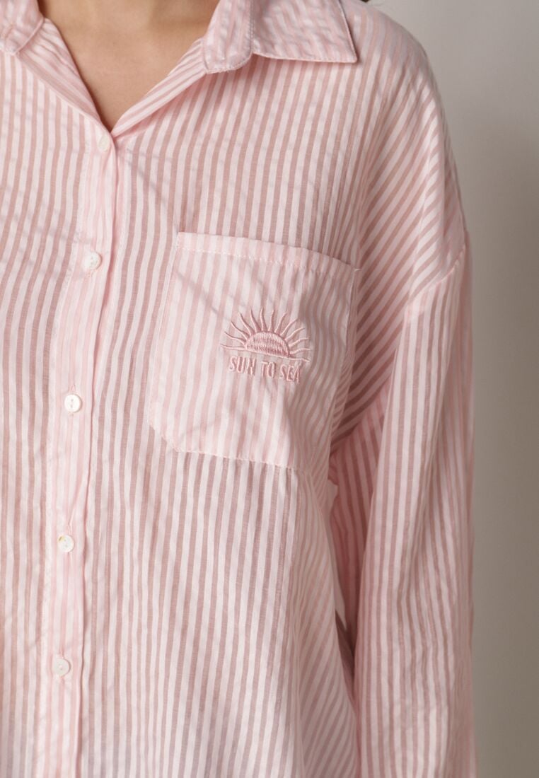 Różowa Koszula o Kroju Oversize z Tencelu w Paski Ozdobiona Haftem Tidine 5