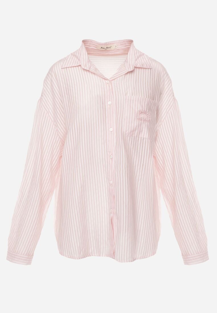 Różowa Koszula o Kroju Oversize z Tencelu w Paski Ozdobiona Haftem Tidine 6