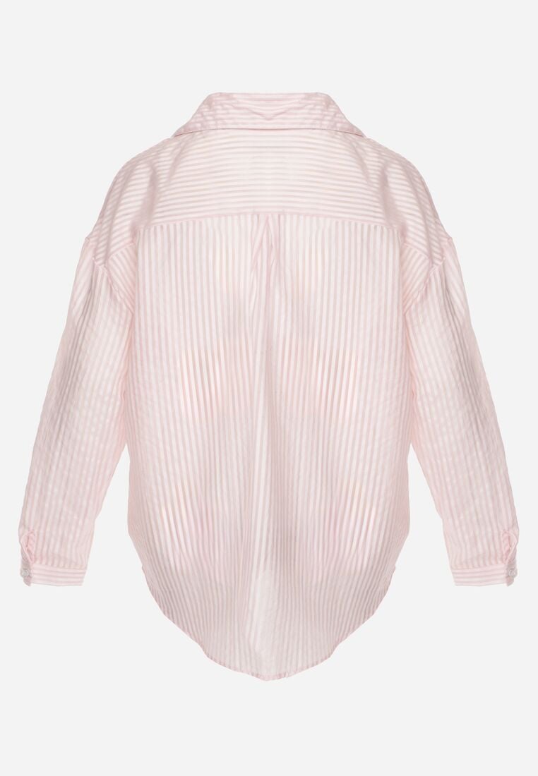 Różowa Koszula o Kroju Oversize z Tencelu w Paski Ozdobiona Haftem Tidine 7