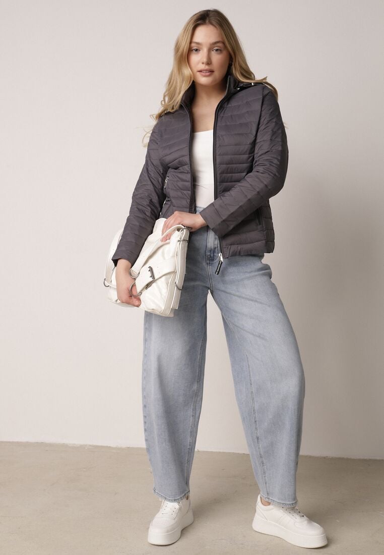 Szara Pikowana Kurtka Przejściowa z Kapturem z Lamówką i Ściągaczami Zidara 2