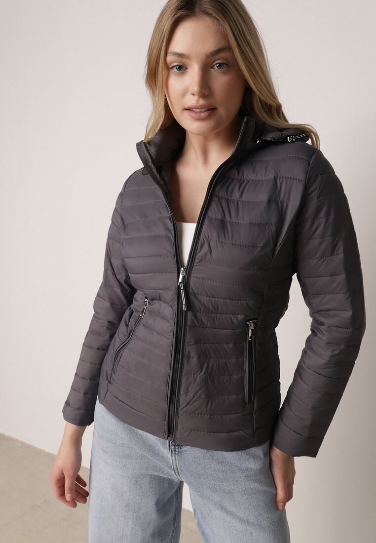 Szara Pikowana Kurtka Przejściowa z Kapturem z Lamówką i Ściągaczami Zidara 4