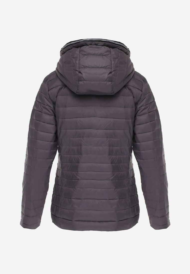 Szara Pikowana Kurtka Przejściowa z Kapturem z Lamówką i Ściągaczami Zidara 7