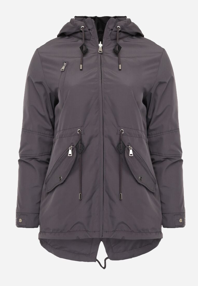 Szaro-Czarna Przejściowa Kurtka Dwustronna o Kroju Parki z Pikowaniem Wewnątrz Zidelle 1