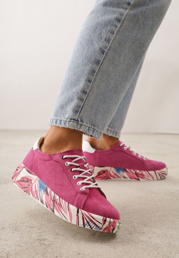 Fuksjowe Sneakersy ze Skóry Naturalnej z Perforacją i Motywem Piór Riosinda 2