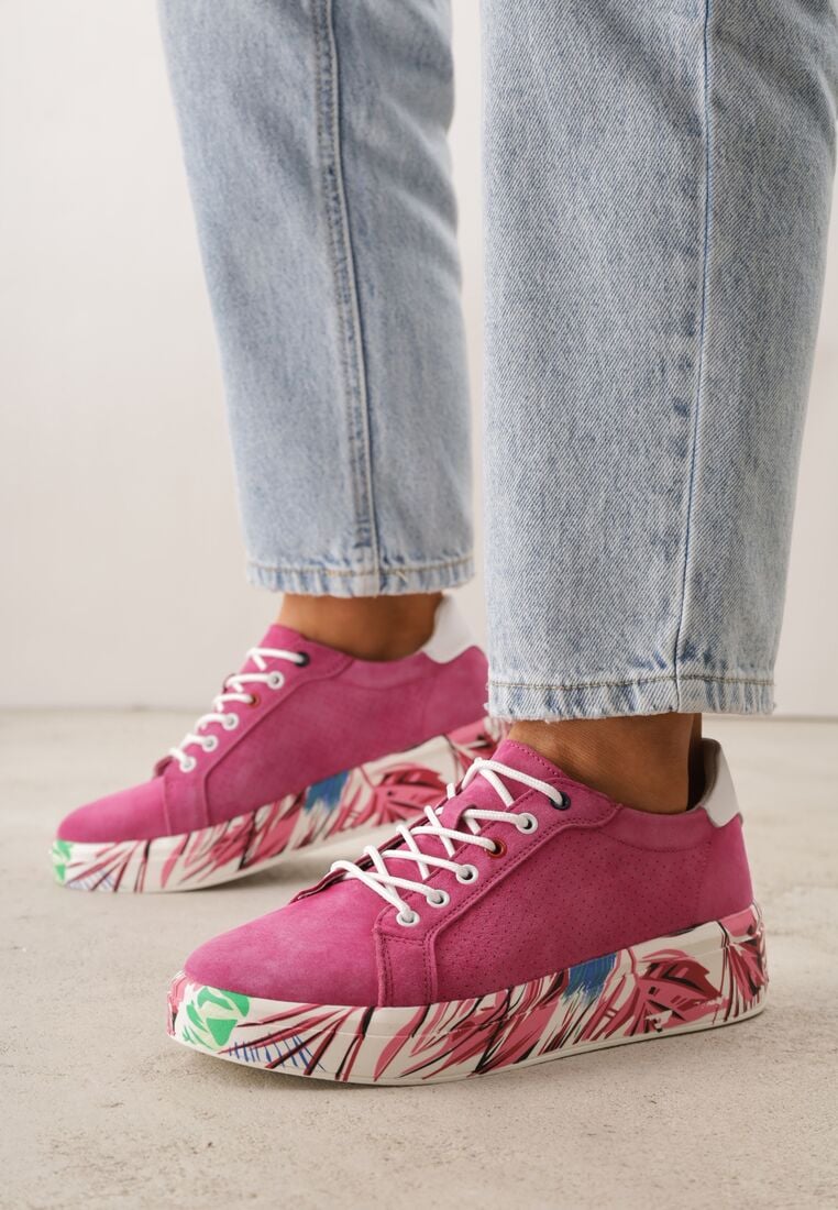 Fuksjowe Sneakersy ze Skóry Naturalnej z Perforacją i Motywem Piór Riosinda 1