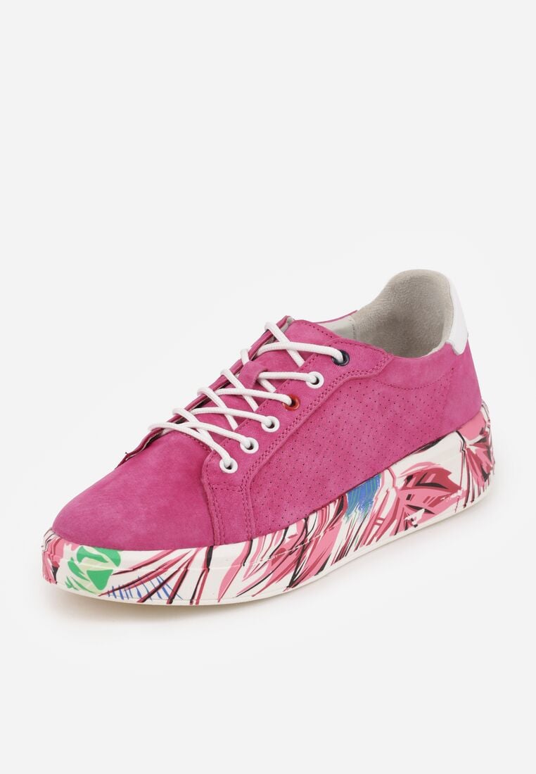 Fuksjowe Sneakersy ze Skóry Naturalnej z Perforacją i Motywem Piór Riosinda 5