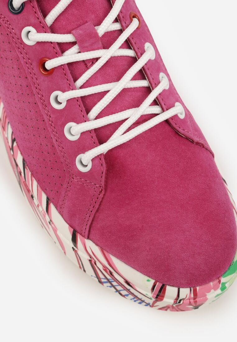 Fuksjowe Sneakersy ze Skóry Naturalnej z Perforacją i Motywem Piór Riosinda 8