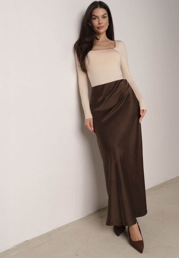 Brązowa Satynowa Spódnica Maxi Shapas 1