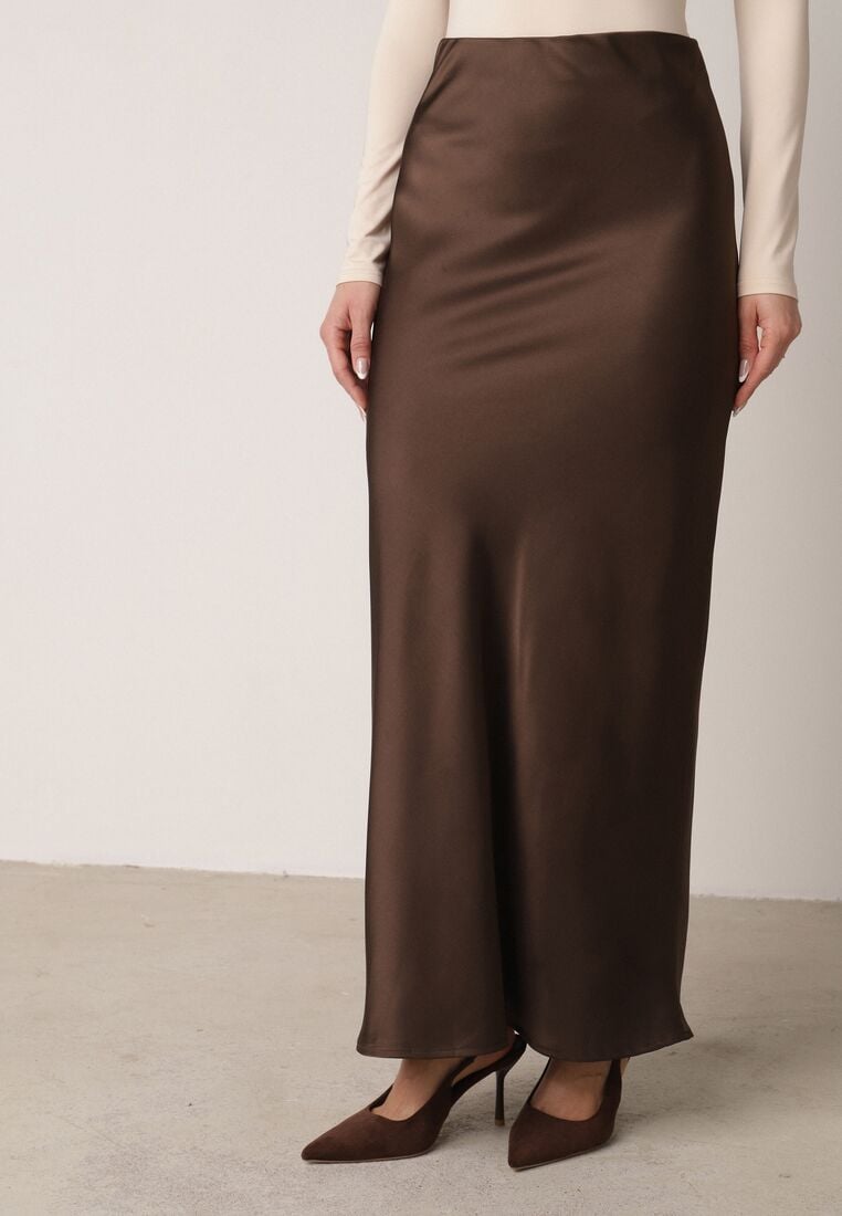 Brązowa Satynowa Spódnica Maxi Shapas 2