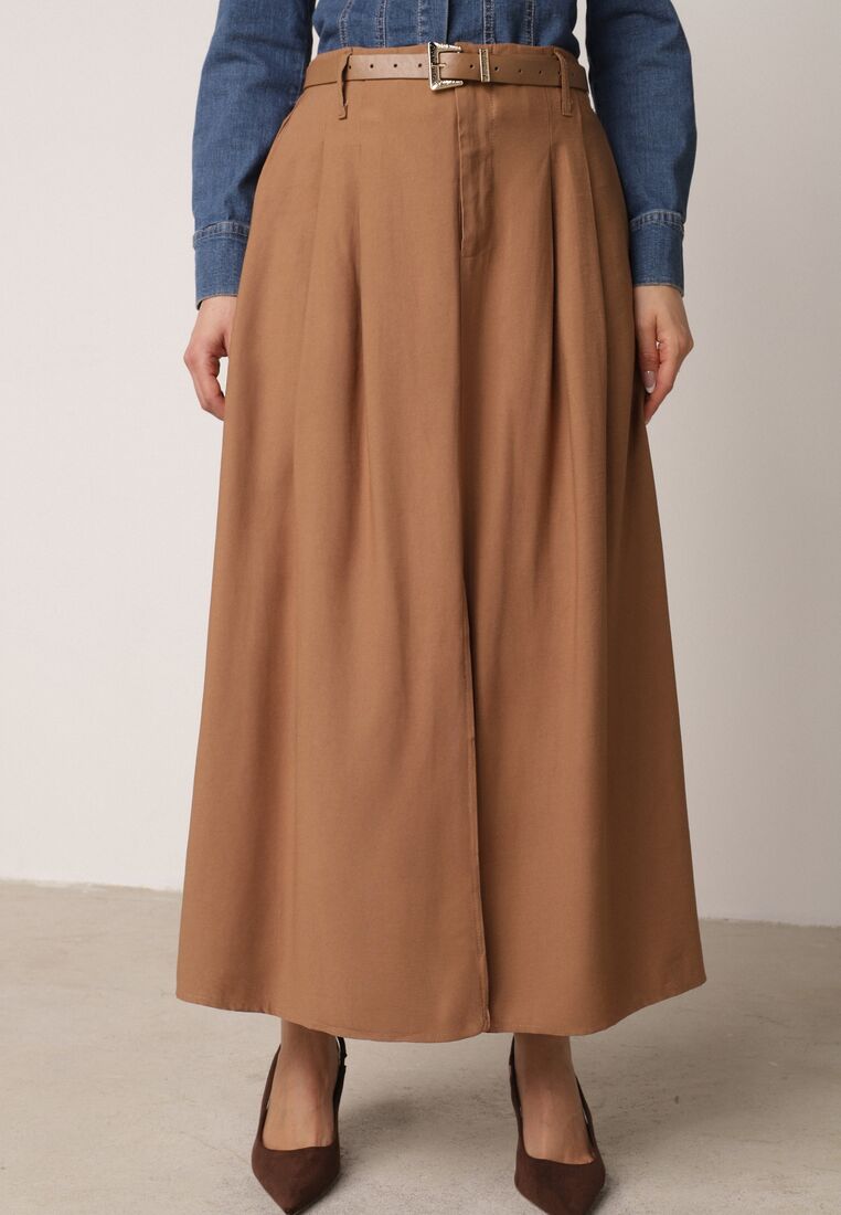 Brązowa Wiskozowa Spódnica o Rozkloszowanym Kroju z Rozcięciem i Paskiem Jaelia 2