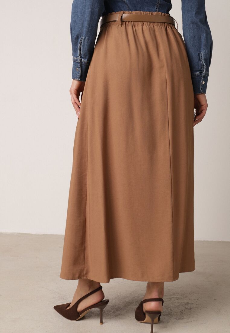 Brązowa Wiskozowa Spódnica o Rozkloszowanym Kroju z Rozcięciem i Paskiem Jaelia 3