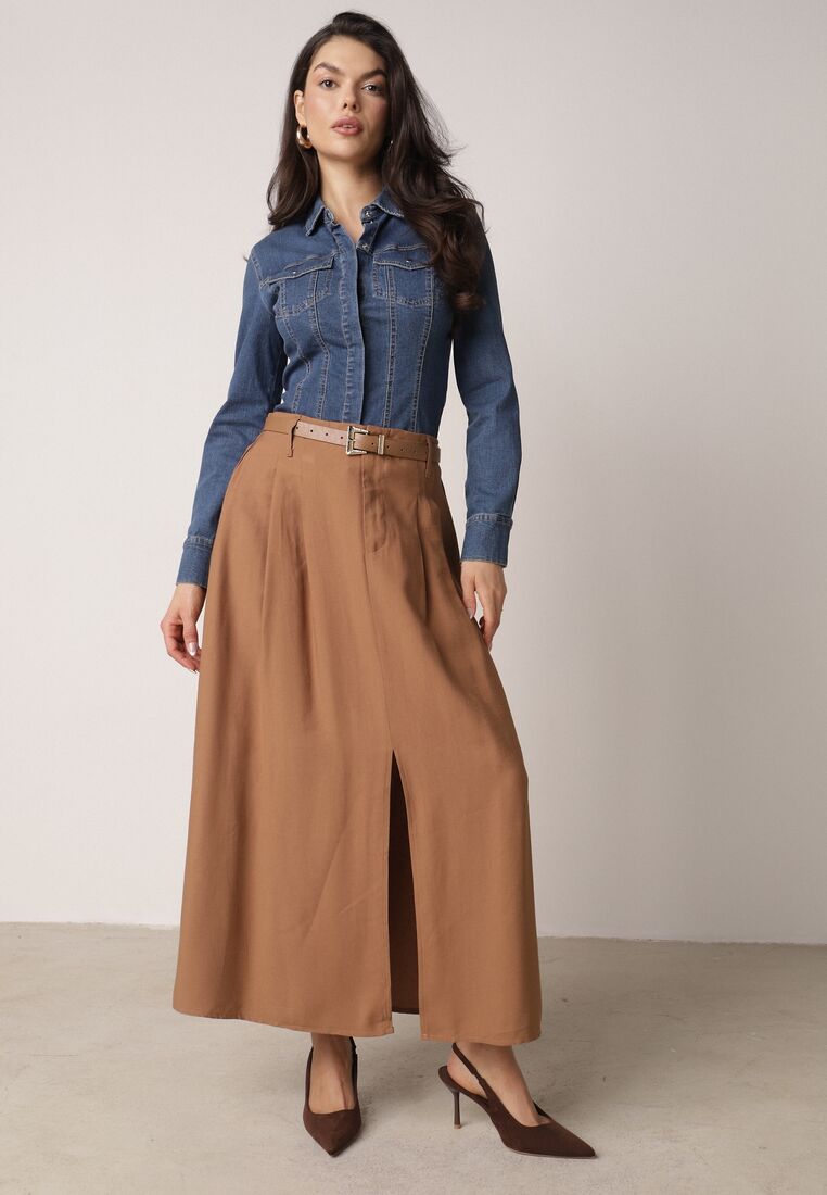 Brązowa Wiskozowa Spódnica o Rozkloszowanym Kroju z Rozcięciem i Paskiem Jaelia 4