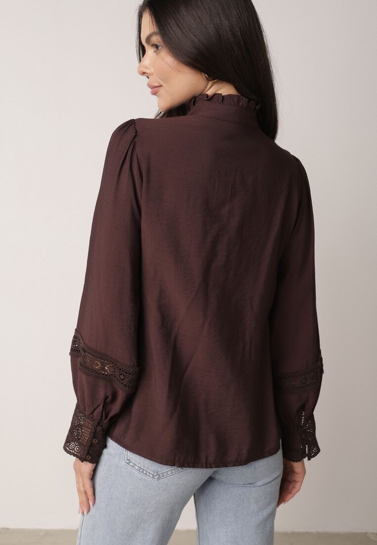 Brązowa Koszula ze Stójką i Koronką Argochis 3