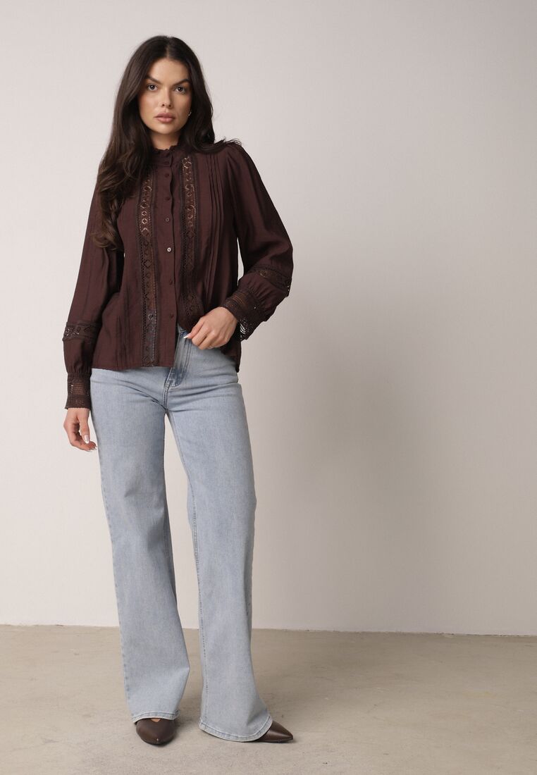 Brązowa Koszula ze Stójką i Koronką Argochis 4