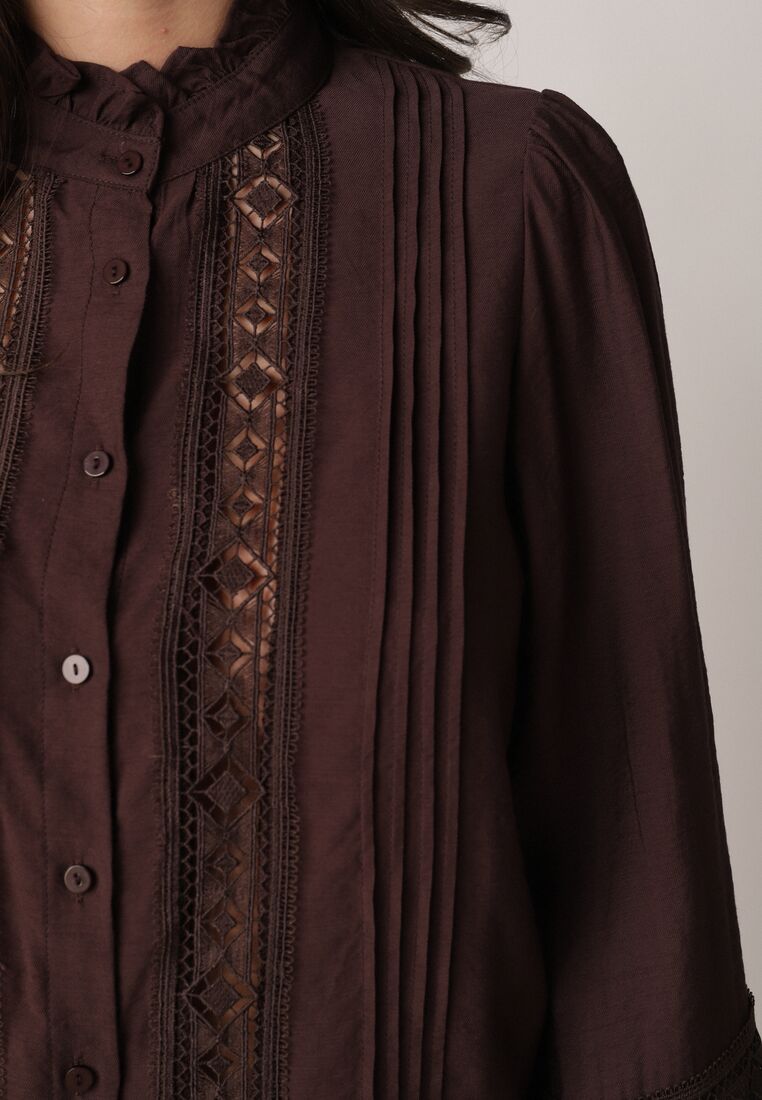 Brązowa Koszula ze Stójką i Koronką Argochis 5