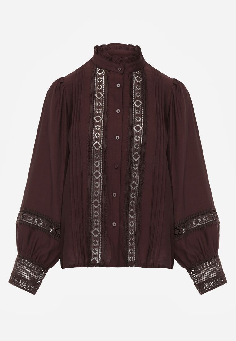 Brązowa Koszula ze Stójką i Koronką Argochis 6