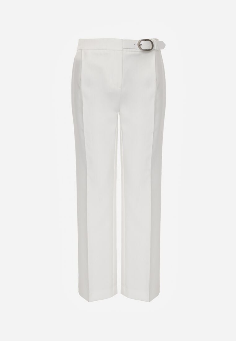 Białe Garniturowe Spodnie VICES na Kant z Wszytym Paskiem z Klamrą Azivore 6